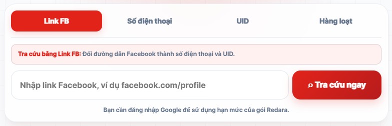 Giao diện Redara với các luồng tra cứu Facebook